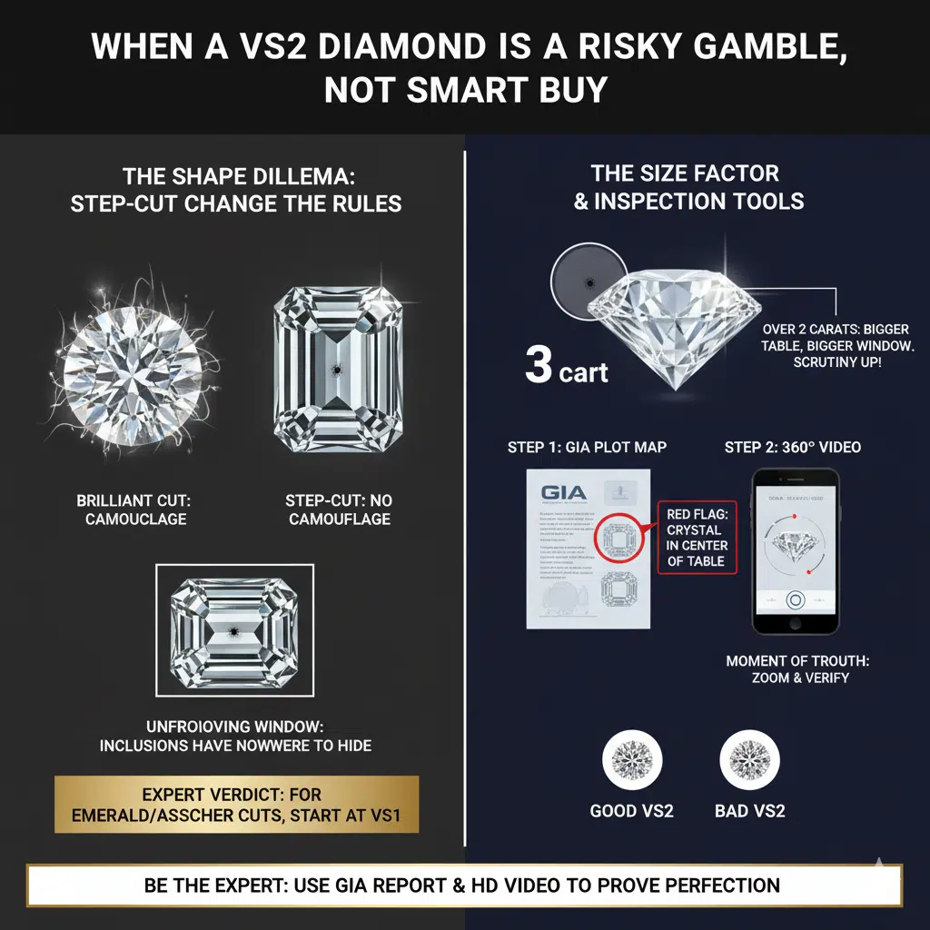 Infographic detailing when a VS2 diamond is a risky buy: Comparing Brilliant Cut camouflage to unforgiving Step-Cut windows, and showing the 2-step inspection (GIA Plot and 360° Video) required for large diamonds over 2 carats.