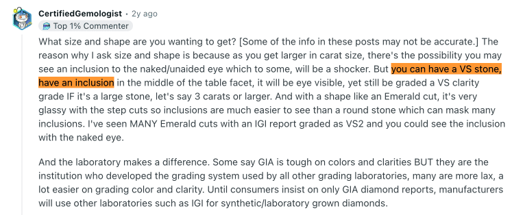 A gemolist talking about vs1 clarity diamond on reddit