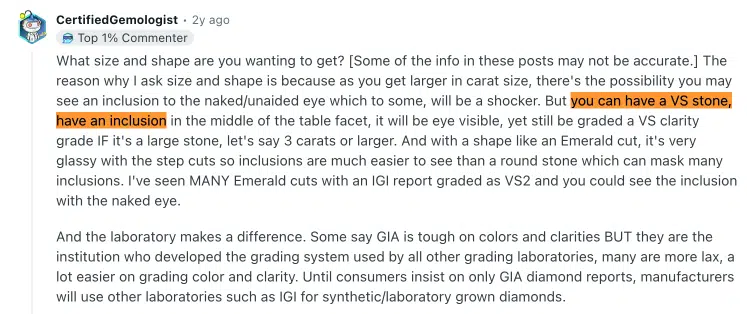 A gemolist talking about vs1 clarity diamond on reddit