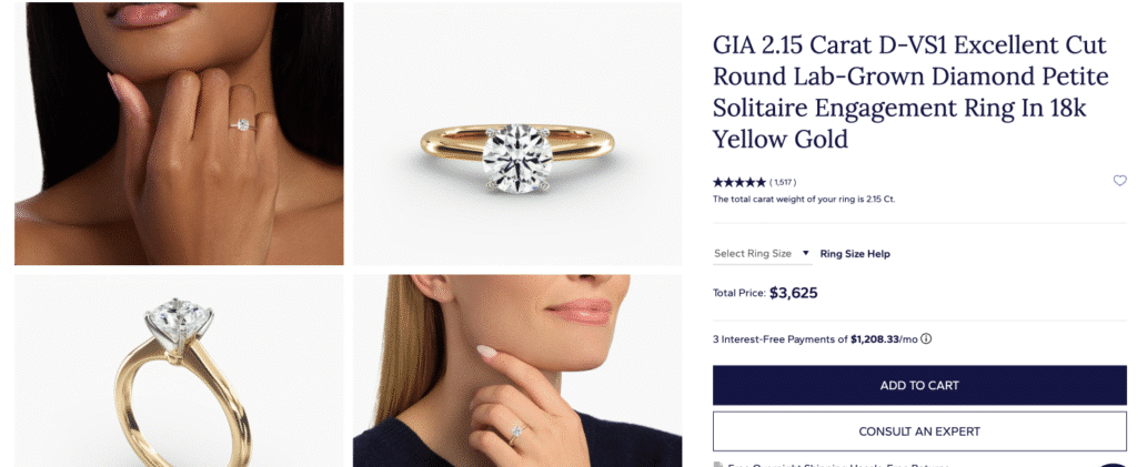 Blue Nile GIA-certified 2.15 Carat D-VS1 Excellent Cut Round Lab-Grown Diamond Petite Solitaire Engagement Ring in 18k Yellow Gold shown with a total price of $3,625.