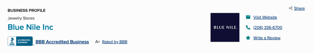 blue nile BBB A+ score screenshot