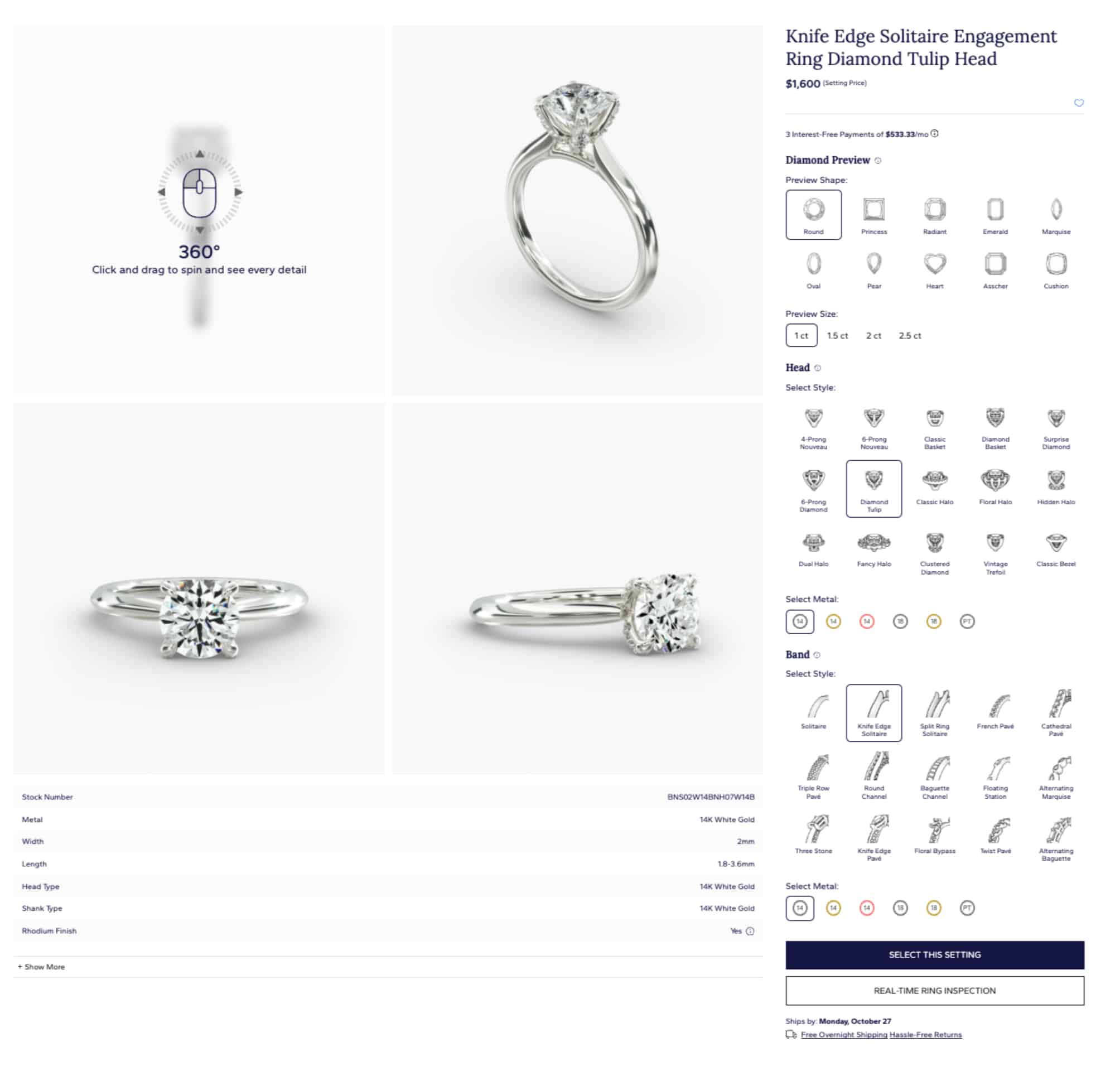 Blue Nile Creative Studio ring builder for Knife Edge Solitaire, showing 360-degree view, metal specs, and options for Head style, Band style, and Diamond Preview size.