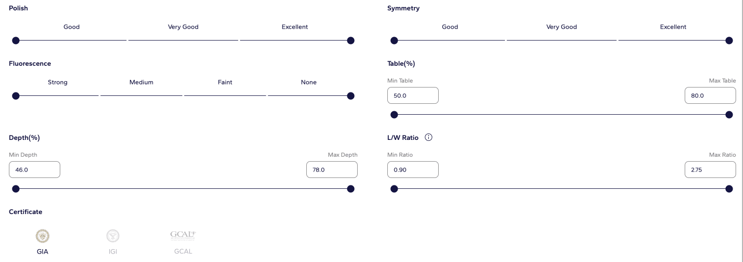 Blue Nile Diamond Finder advanced filters for Polish, Symmetry, Fluorescence, Depth, Table, Length/Width Ratio, and Certification including GIA and IGI.
