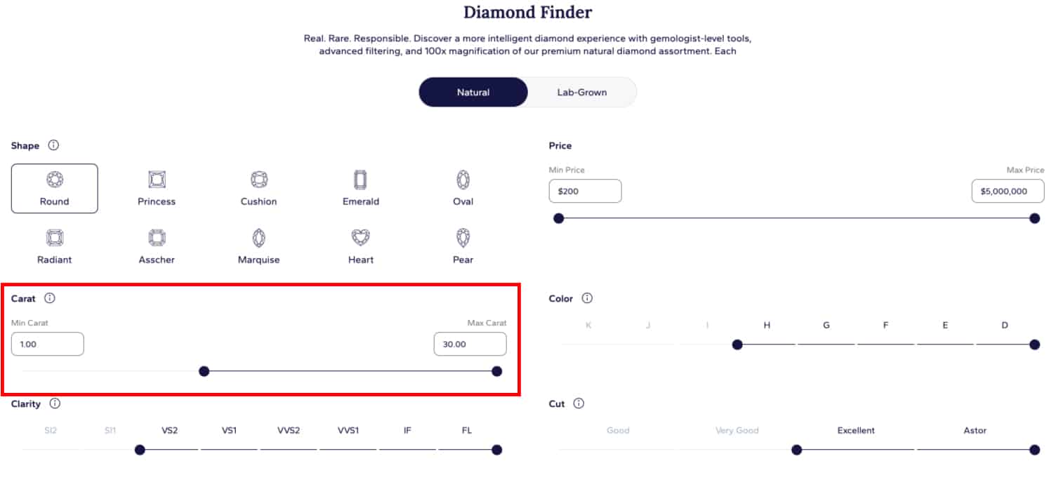Blue Nile Diamond Finder showing the Carat weight filter set for Natural diamonds, with a minimum carat of 1.00 and a maximum of 30.00.