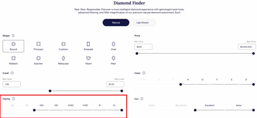 Blue Nile Diamond Finder showing the Clarity grade filter from SI2 (Slightly Included) to FL (Flawless) for Natural diamonds.