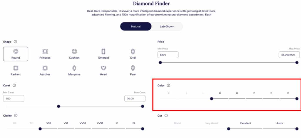 Blue Nile Diamond Finder showing the Color grade filter slider from K (faint) to D (colorless) for Natural diamonds.