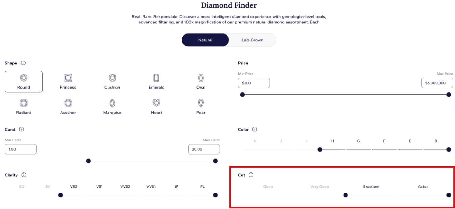 Blue Nile Diamond Finder showing the Cut grade filter with options Good, Very Good, Excellent, and the premium Astor cut.