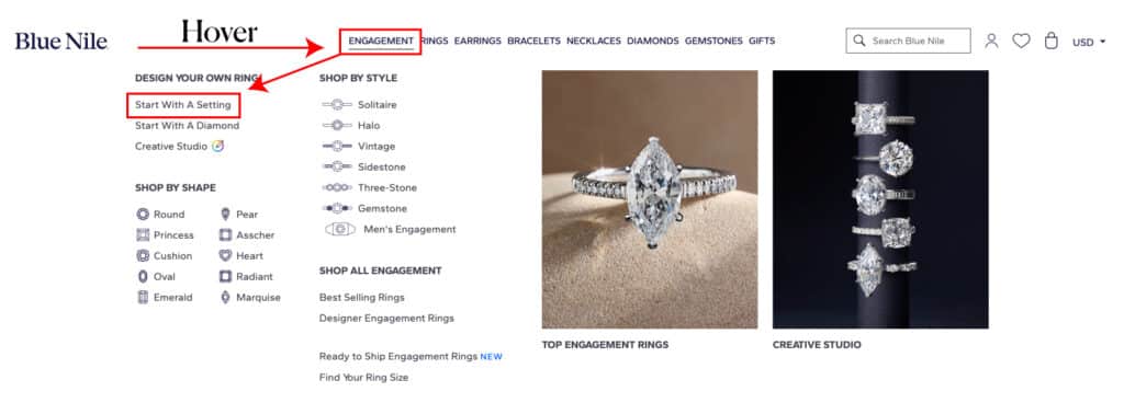 Blue Nile website navigation hover menu for Engagement Rings, showing the 'Start With A Setting' option and ring styles like Solitaire, Halo, and Vintage.