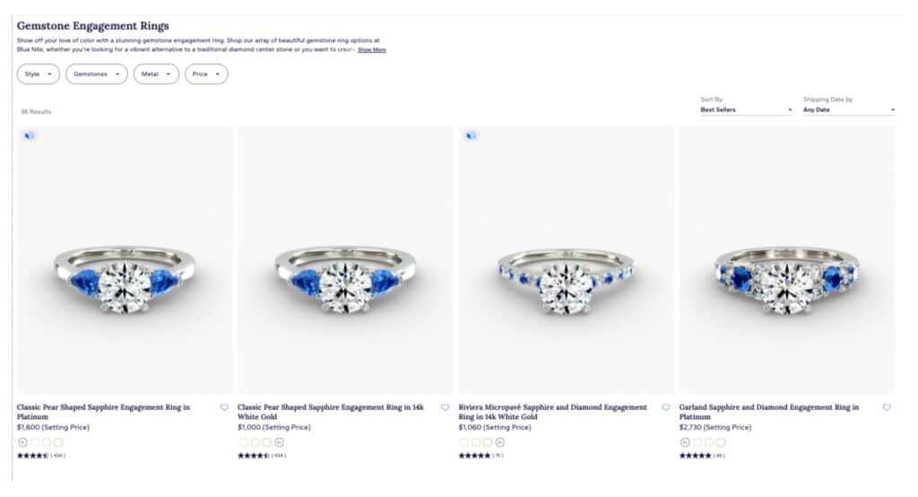 Blue Nile Gemstone Engagement Rings category showing brilliant sapphire and diamond side-stone rings in platinum and gold with customization filters.