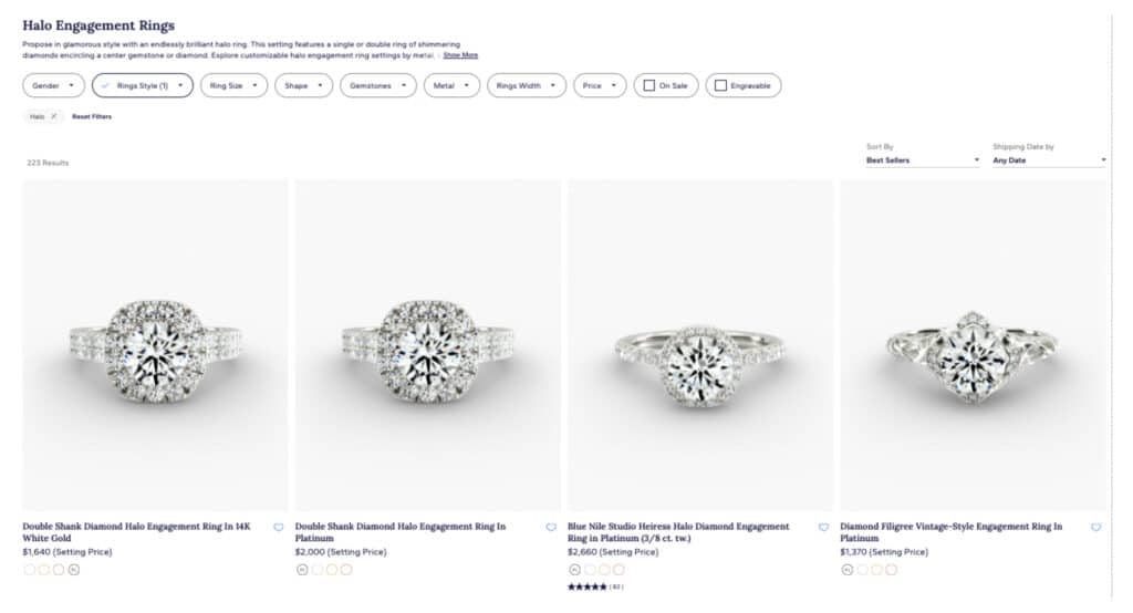 Blue Nile Halo Engagement Rings category page showing various halo setting styles, prices, and filter options for Ring Style, Shape, Gemstones, and Metal.