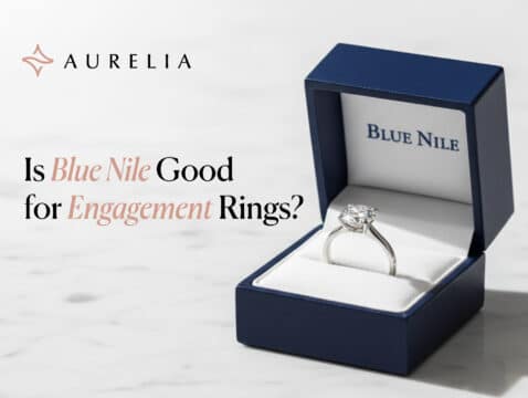 Featured image for blog post: A brilliant solitaire engagement ring rests in the open Blue Nile signature navy blue box, with the title 'Is Blue Nile Good for Engagement Rings?' overlaid.