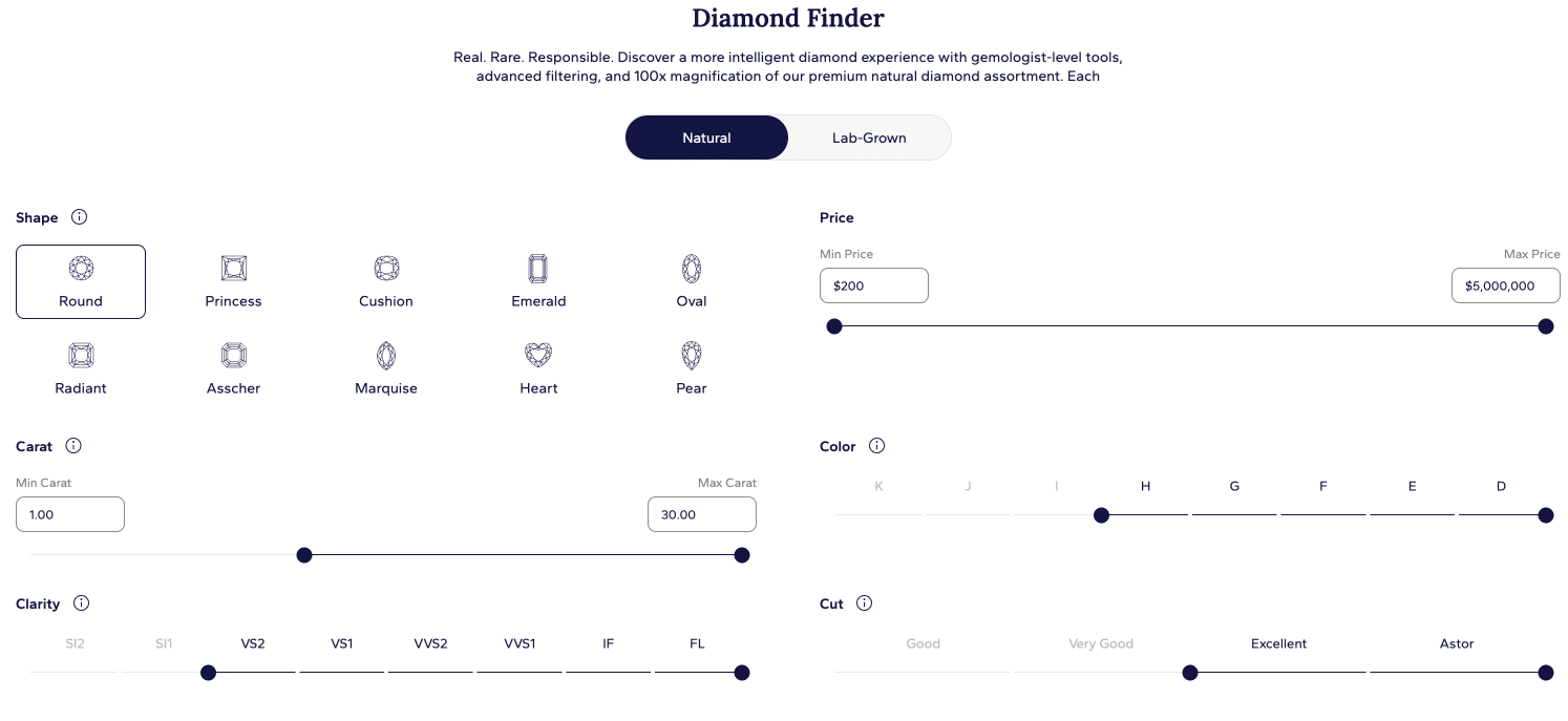 Blue Nile Diamond Finder tool showing natural diamond filter options for Shape, Carat, Price, Color, Clarity, and Cut including Astor.