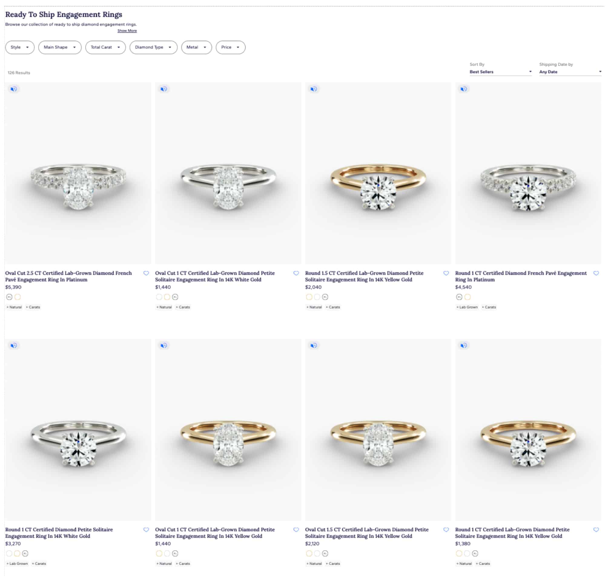 Blue Nile Ready to Ship Engagement Rings page showing Oval and Round lab-grown and natural diamond rings for quick delivery.