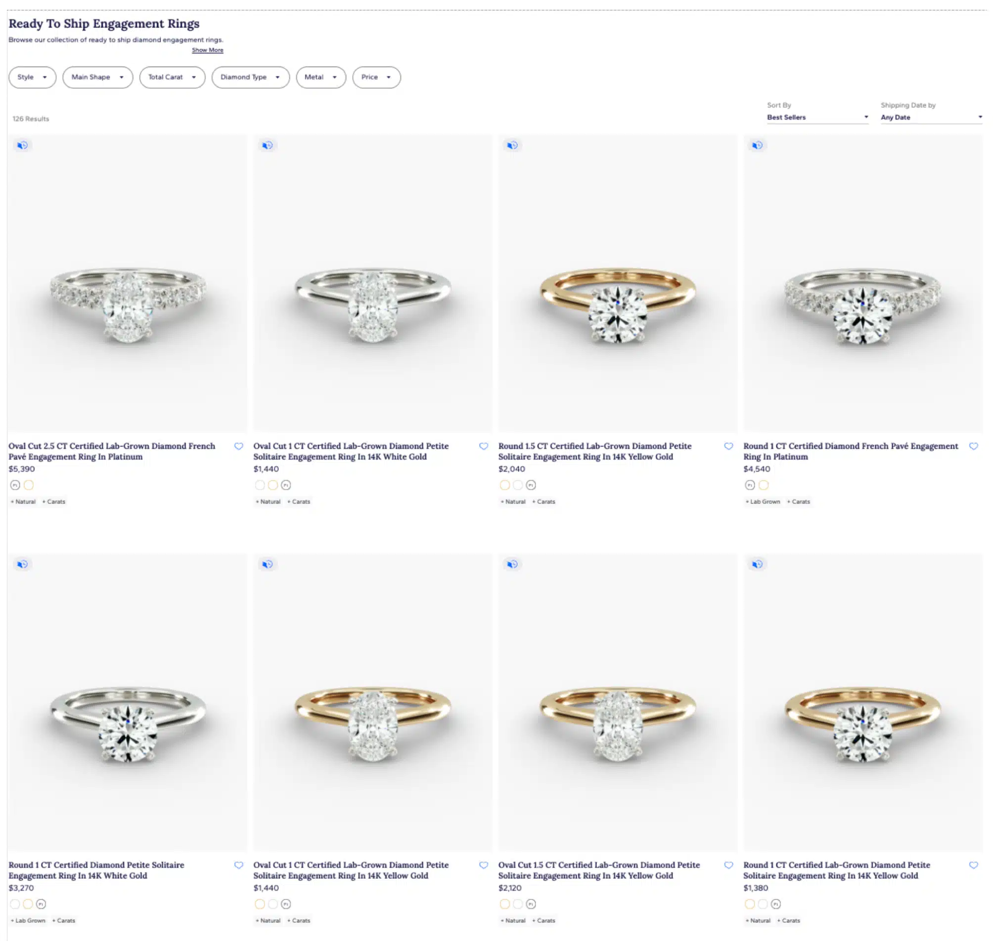 Blue Nile Ready to Ship Engagement Rings page showing Oval and Round lab-grown and natural diamond rings for quick delivery.