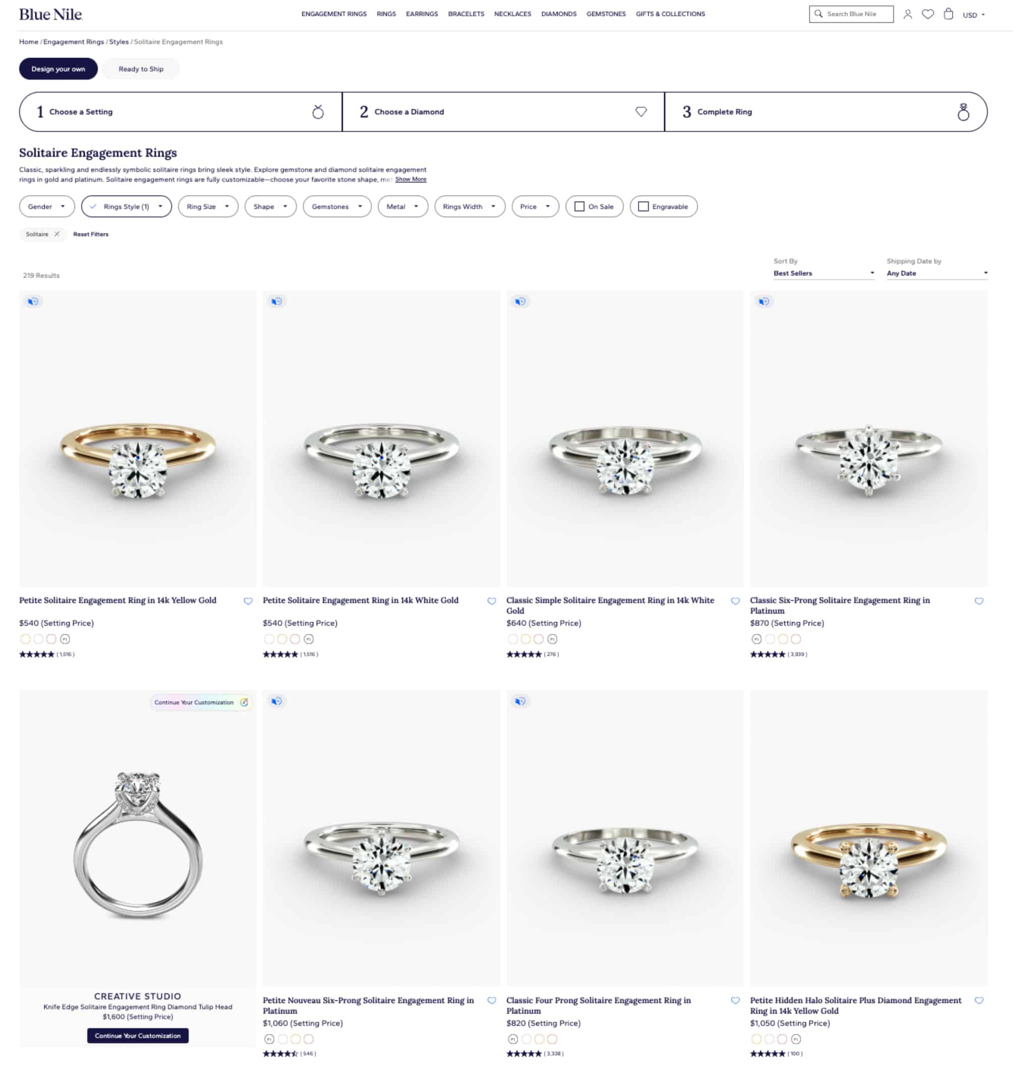 Blue Nile Solitaire Engagement Ring settings page showing dozens of platinum and gold ring customization options in the 'Choose a Setting' step.