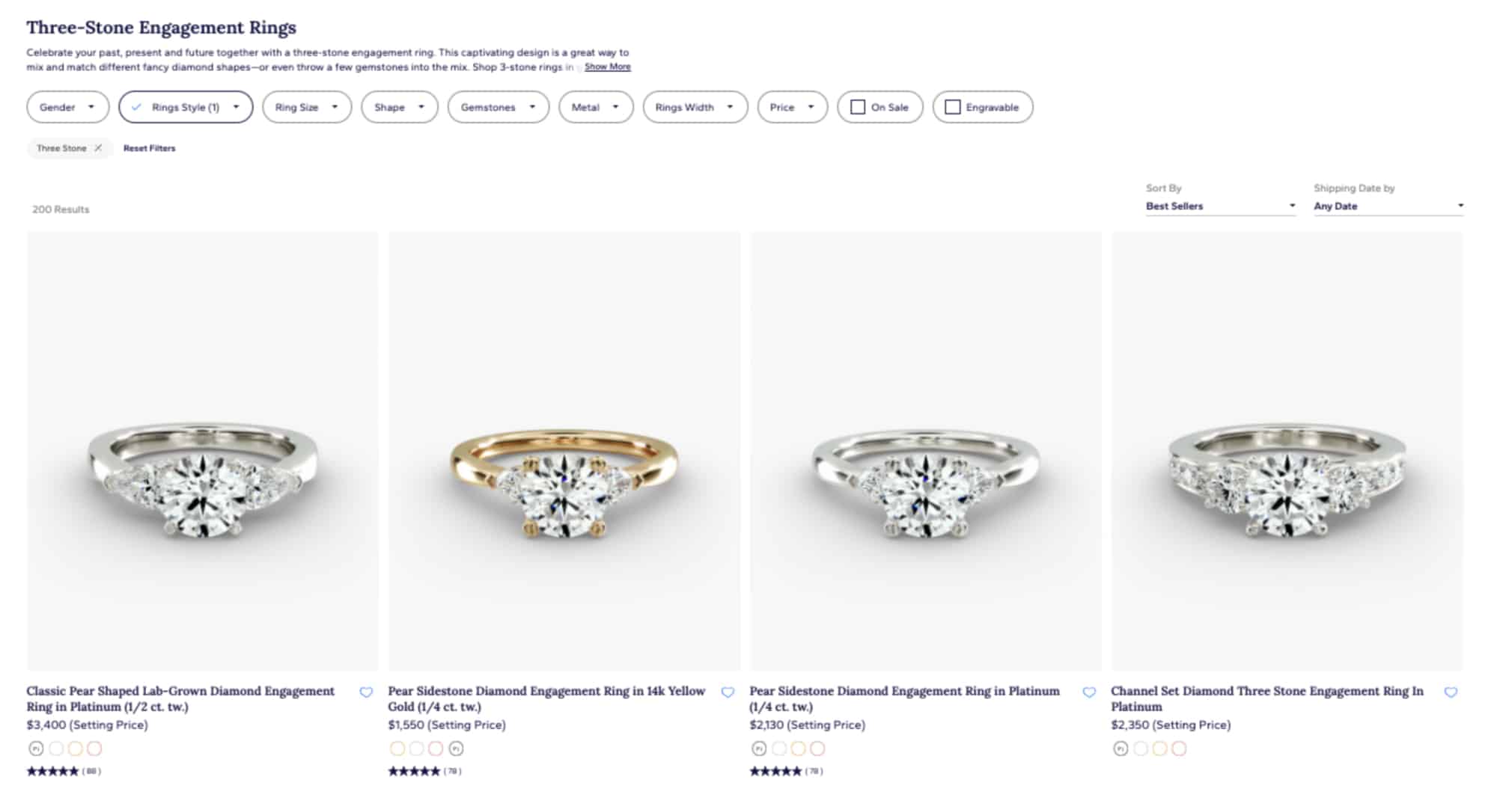 Blue Nile Three-Stone Engagement Rings page showing diamond and lab-grown diamond settings that symbolize the past, present, and future.