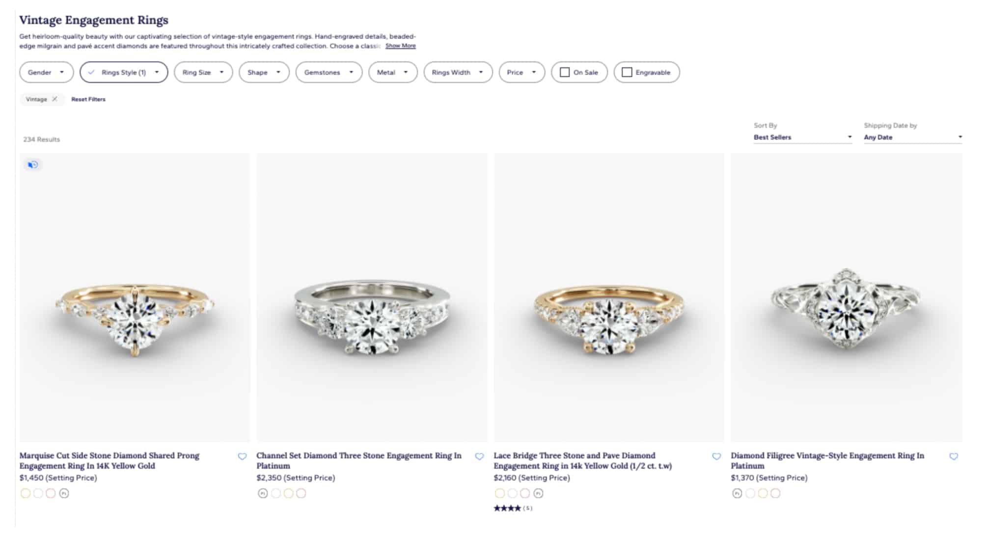Blue Nile Vintage Engagement Rings category page showing intricate styles like filigree, milgrain, and detailed settings, with various filter options