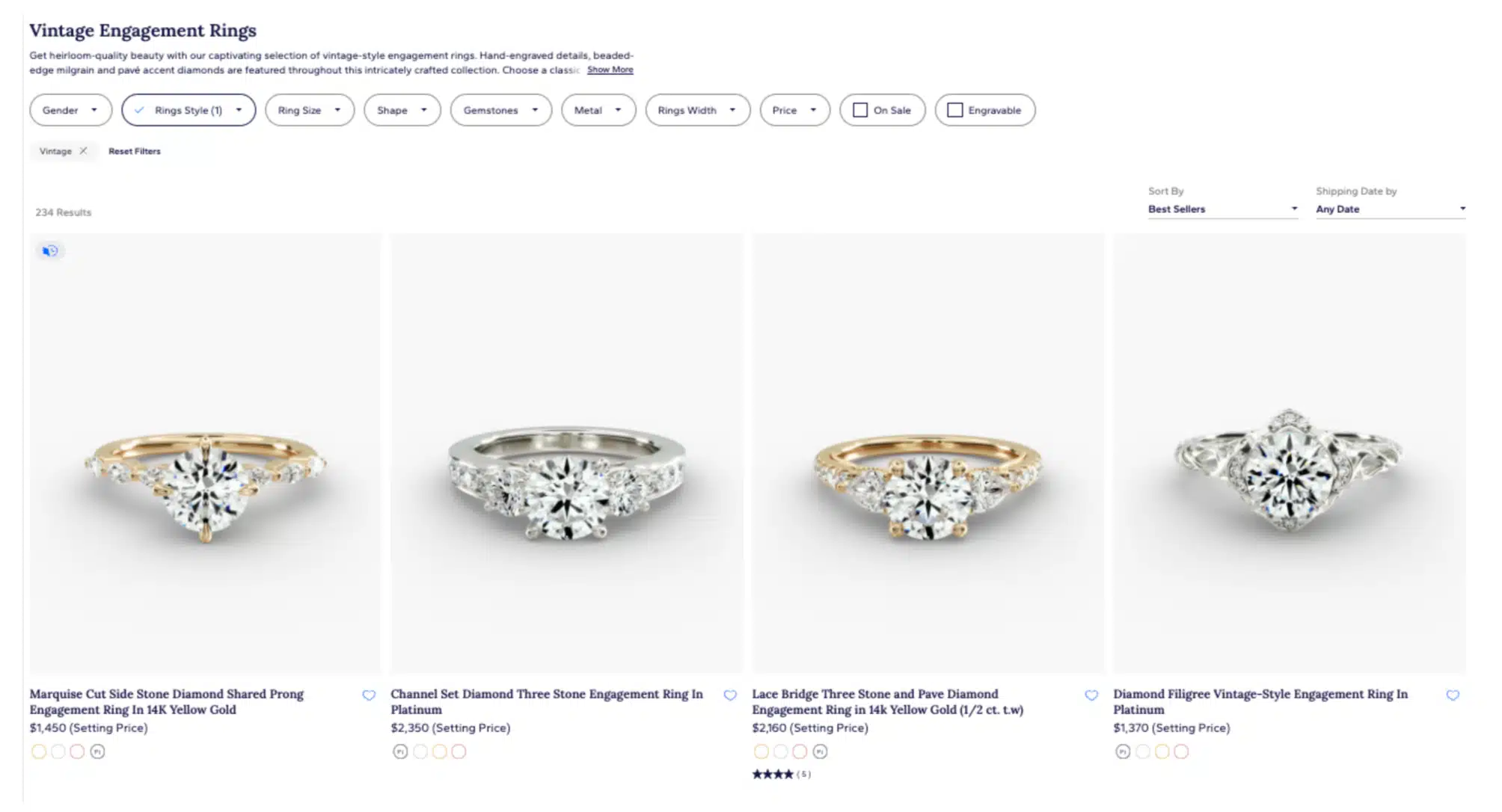 Blue Nile Vintage Engagement Rings category page showing intricate styles like filigree, milgrain, and detailed settings, with various filter options