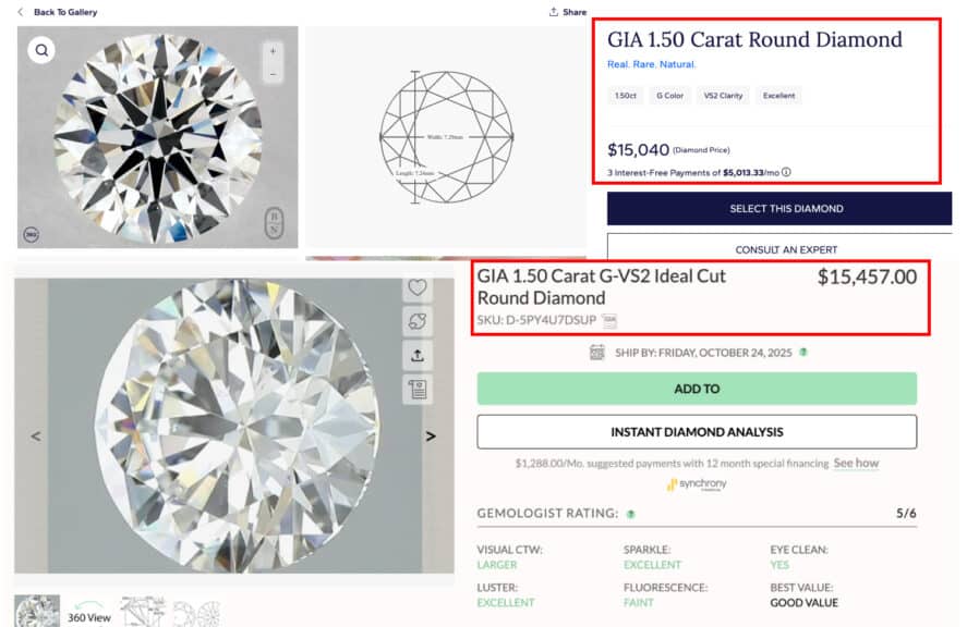 Price comparison of two G-VS2 natural round diamonds: Blue Nile G-VS2 Excellent cut at $15,040 (top) vs. Ritani G-VS2 Ideal Cut at $15,457 (bottom), illustrating the competitive nature and importance of cut quality in natural diamond pricing.