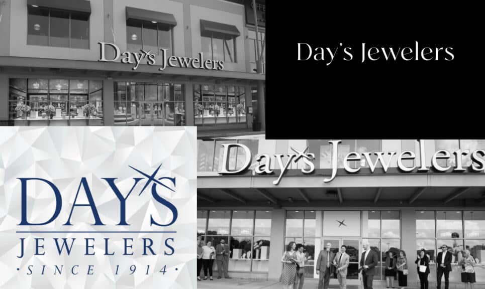 Multiple images showing the Day's Jewelers retail store exterior and logo, celebrating the 111-year legacy of the 100% employee-owned (ESOP) company.