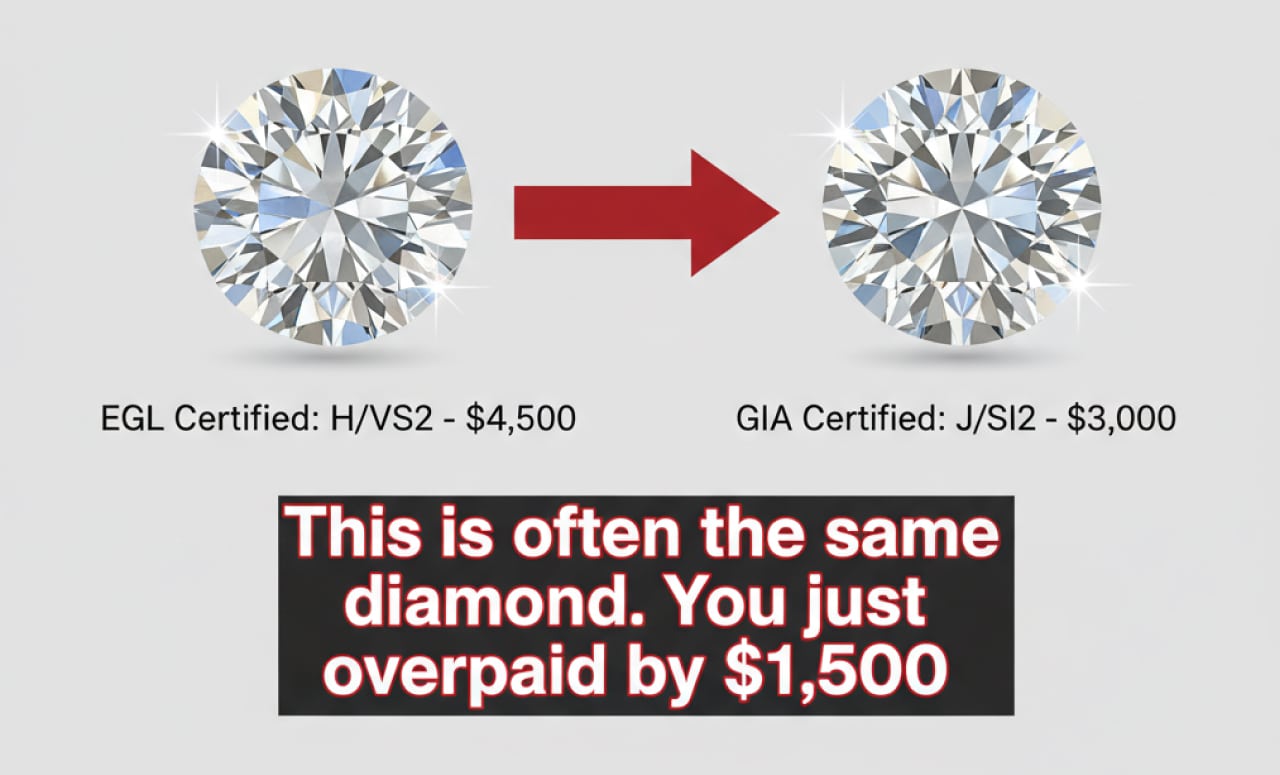 Graphic comparing an EGL-certified H/VS2 diamond at $4,500 to a GIA-certified J/SI2 diamond at $3,000, illustrating how an EGL diamond can lead to overpaying by $1,500 for the same actual quality.