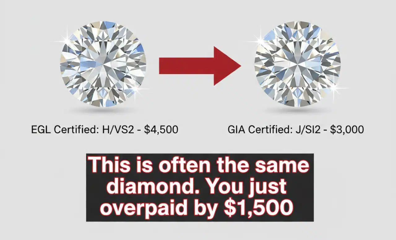 Graphic comparing an EGL-certified H/VS2 diamond at $4,500 to a GIA-certified J/SI2 diamond at $3,000, illustrating how an EGL diamond can lead to overpaying by $1,500 for the same actual quality.