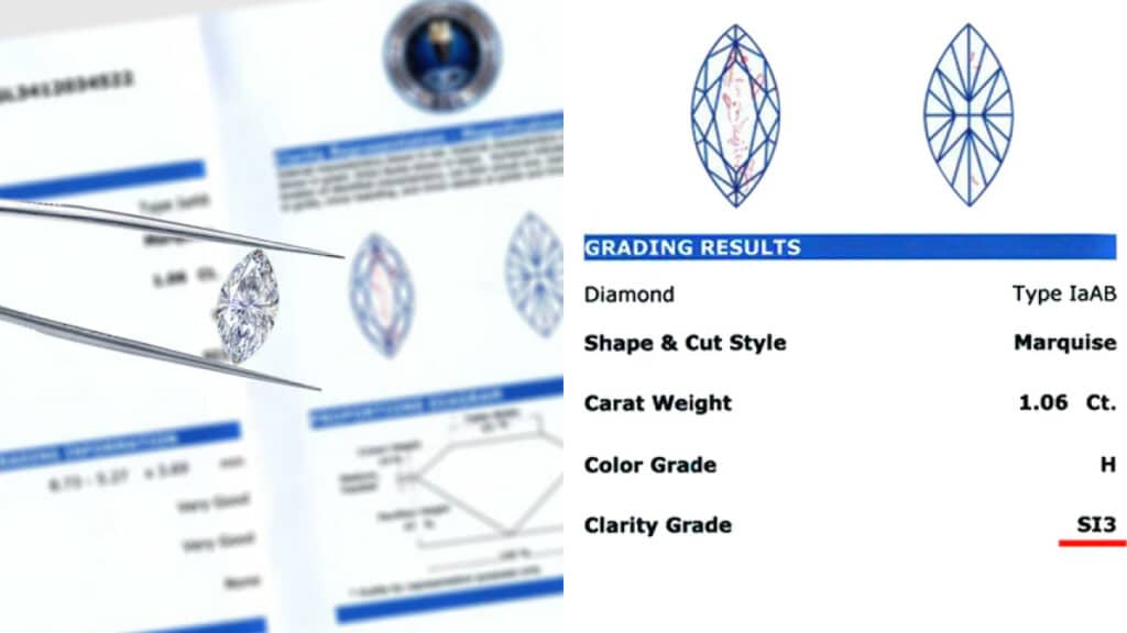 EGL diamond certificate showing the non-GIA grade of SI3 clarity for a Marquise cut diamond, demonstrating the inflated grading scale.