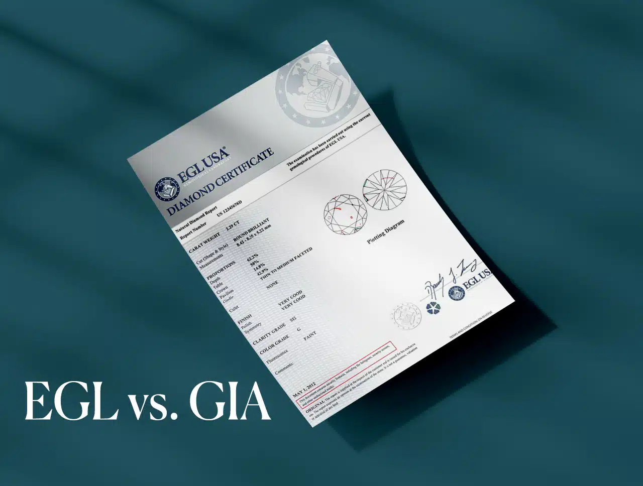A prominent EGL USA diamond certificate against a dark background with the text EGL vs. GIA, signaling a comparison and review of diamond grading labs.
