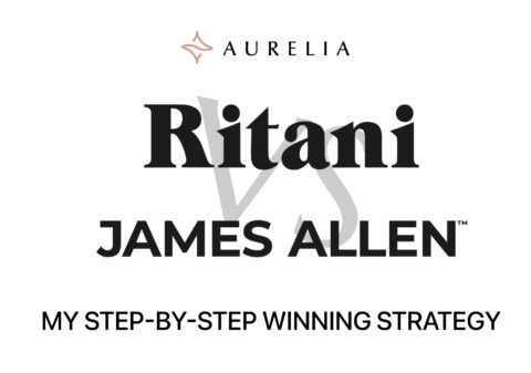 Ritani vs James Allen logos with "My Step-By-Step Winning Strategy" on a white background, serving as the featured image for the diamond comparison post.