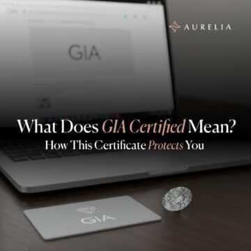 A minimal feature image for a blog post showing a close-up of a diamond, a GIA grading card, and a laptop screen with the GIA logo, illustrating how GIA certification protects the buyer.