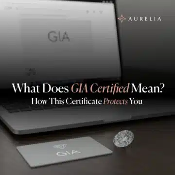 A minimal feature image for a blog post showing a close-up of a diamond, a GIA grading card, and a laptop screen with the GIA logo, illustrating how GIA certification protects the buyer.