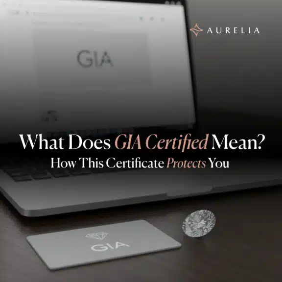 A minimal feature image for a blog post showing a close-up of a diamond, a GIA grading card, and a laptop screen with the GIA logo, illustrating how GIA certification protects the buyer.