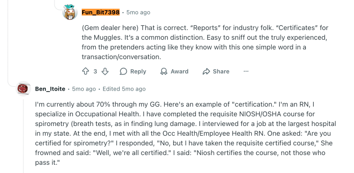 A Reddit comment from a gem dealer explaining the industry distinction between a GIA "Report" (for experts) and "Certificate" (for the public), emphasizing the importance of insider language.