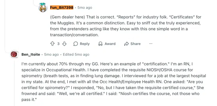A Reddit comment from a gem dealer explaining the industry distinction between a GIA "Report" (for experts) and "Certificate" (for the public), emphasizing the importance of insider language.