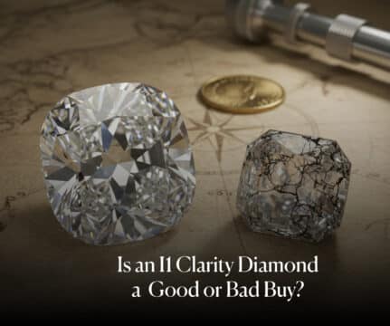 Feature image for I1 clarity diamonds, showing a brilliant, eye-clean diamond next to a heavily included, fractured diamond, with a gold coin and compass on a treasure map background, asking "Is an I1 Clarity Diamond a Good or Bad Buy?".