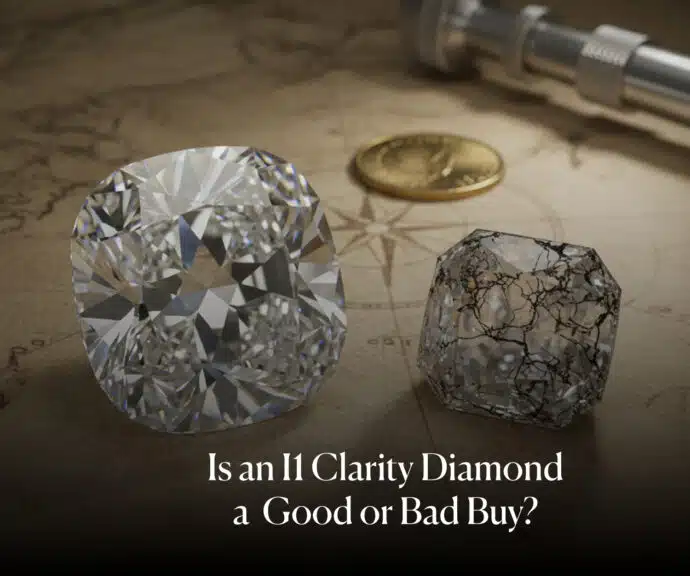 Feature image for I1 clarity diamonds, showing a brilliant, eye-clean diamond next to a heavily included, fractured diamond, with a gold coin and compass on a treasure map background, asking "Is an I1 Clarity Diamond a Good or Bad Buy?".
