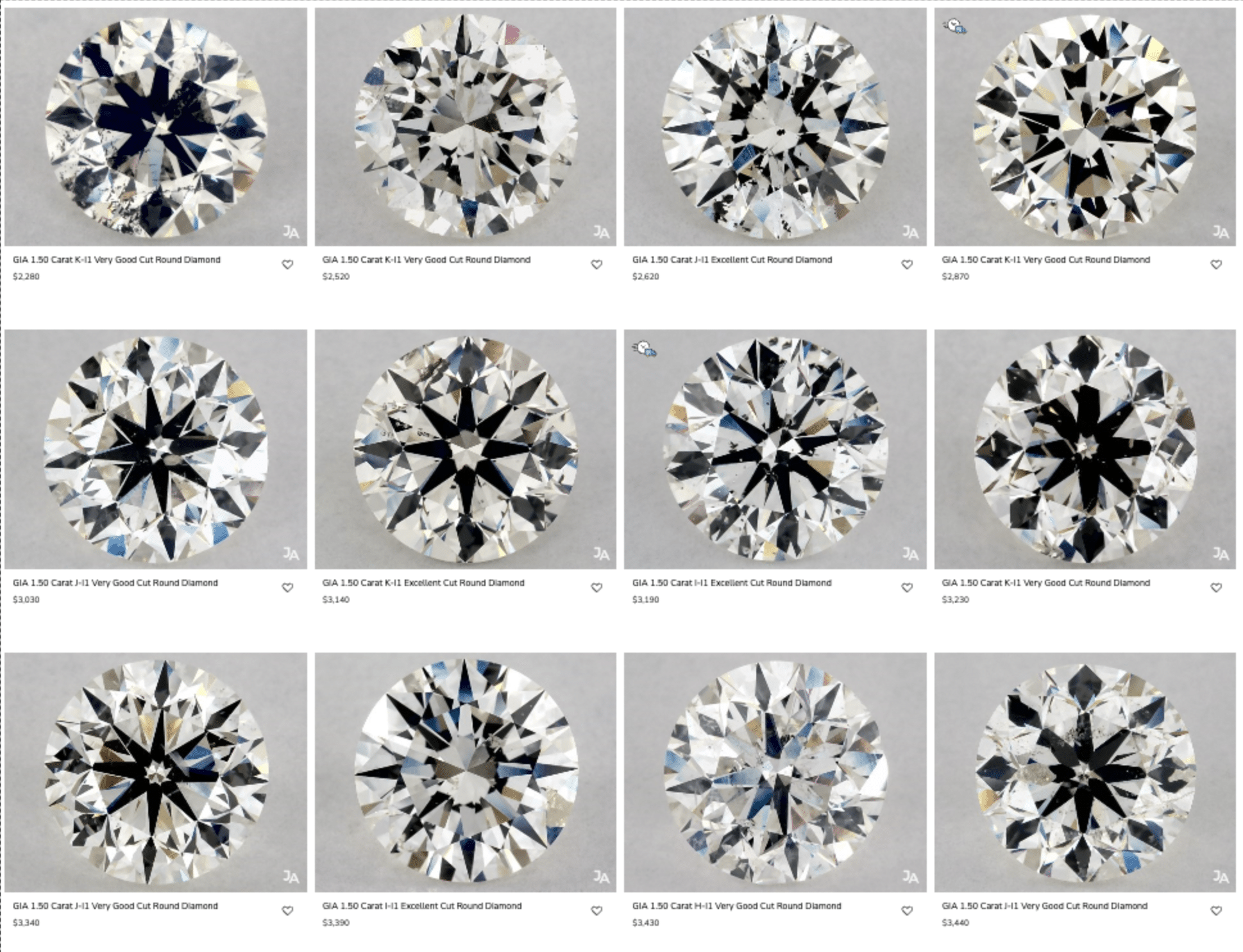Grid of 12 1.50 Carat I1 Clarity Round Diamonds from James Allen showing the common presence of visible black and white inclusions and cloudiness typical of the I1 grade.
