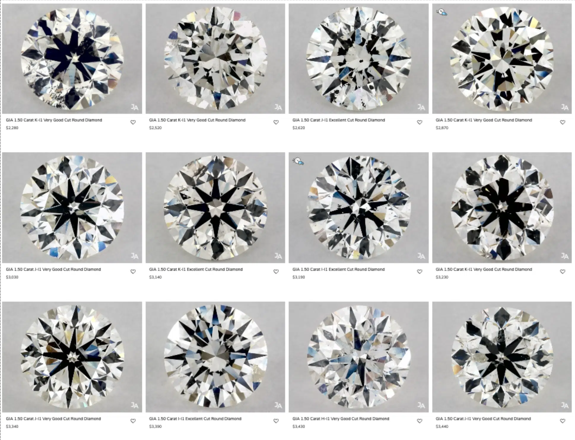 Grid of 12 1.50 Carat I1 Clarity Round Diamonds from James Allen showing the common presence of visible black and white inclusions and cloudiness typical of the I1 grade.