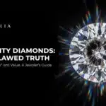 Close-up of a brilliant round diamond on a black background, clearly showing a large, dark, visible inclusion or internal flaw at its center, with text overlay reading "I2 Clarity Diamonds: The Flawed Truth."