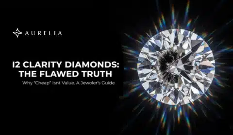 Close-up of a brilliant round diamond on a black background, clearly showing a large, dark, visible inclusion or internal flaw at its center, with text overlay reading "I2 Clarity Diamonds: The Flawed Truth."