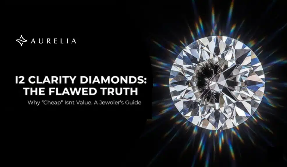 Close-up of a brilliant round diamond on a black background, clearly showing a large, dark, visible inclusion or internal flaw at its center, with text overlay reading "I2 Clarity Diamonds: The Flawed Truth."