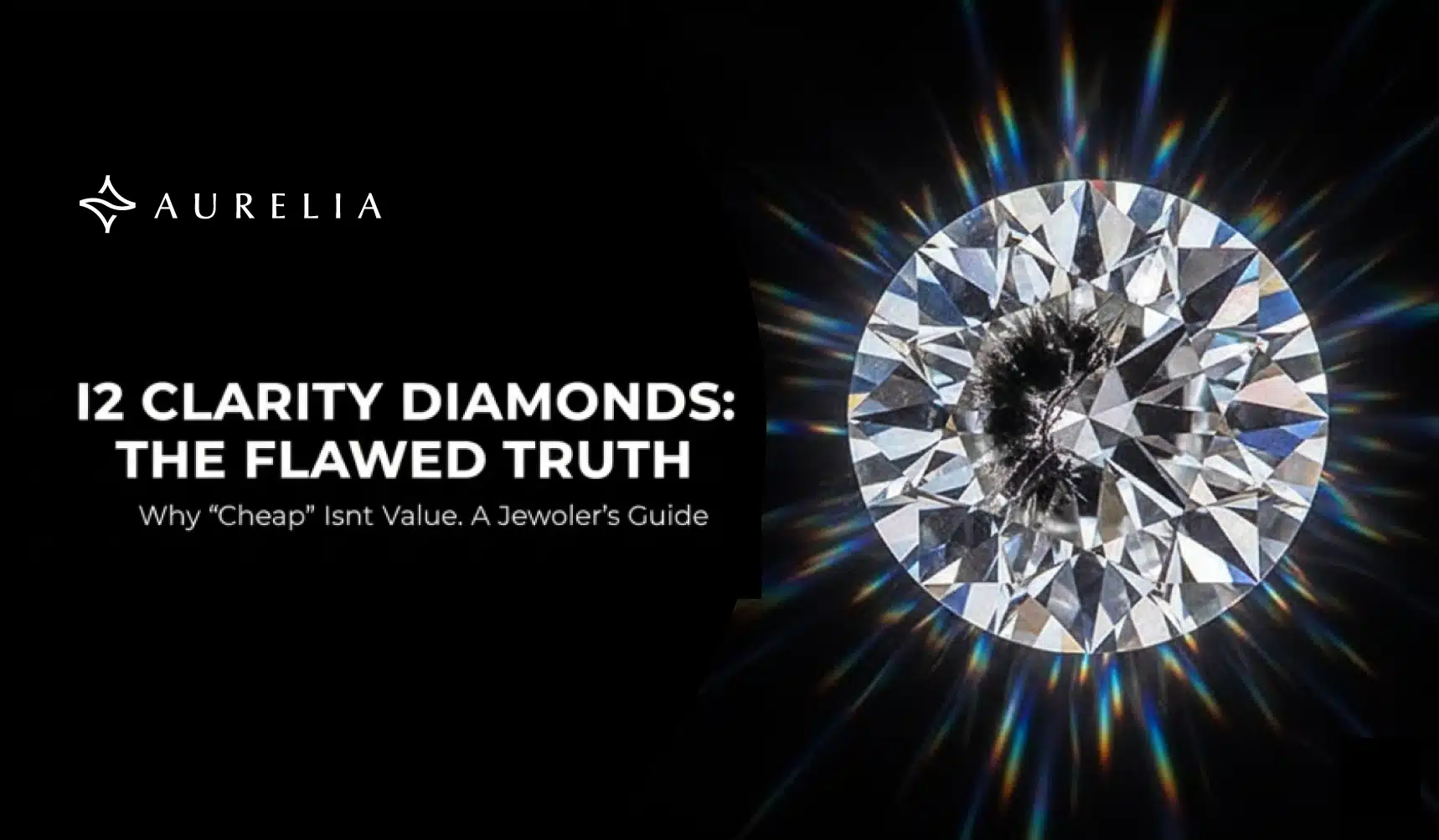 Close-up of a brilliant round diamond on a black background, clearly showing a large, dark, visible inclusion or internal flaw at its center, with text overlay reading "I2 Clarity Diamonds: The Flawed Truth."