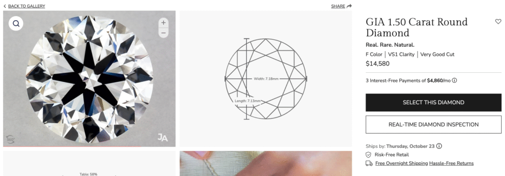 Details of the James Allen benchmark diamond (1.50 ct, F/VS1, Very Good Cut) priced at $14,580, used for comparison.