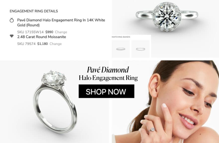 James Allen 2.48 Carat Round Moissanite in Pavé Diamond Halo Engagement Ring in 14K White Gold. Total Ring Price $2,170. The ultimate budget-friendly alternative.