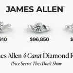Feature image: James Allen 4 Carat Diamond Ring Price Comparison, showing three rings: Lab-Grown ($15,910), Natural Diamond ($96,850), and Moissanite ($2,170). The image summarizes the 'Price Secret They Don't Show' article.