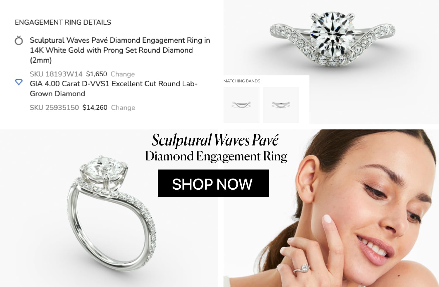 James Allen 4.00 Carat Lab-Grown Diamond, D-VVS1, Excellent Cut Round in 14K White Gold Sculptural Waves Pavé Engagement Ring. Price $14,260.