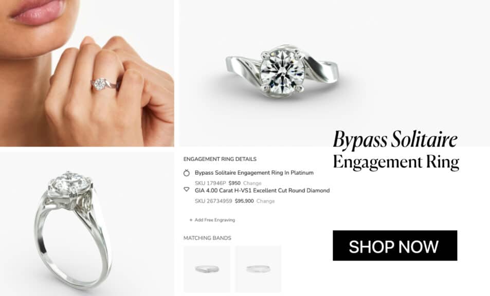 James Allen 4.00 Carat Natural Diamond, H-VS1, Excellent Cut Round Diamond in Platinum Bypass Solitaire Engagement Ring. Price $95,900.