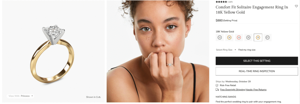 An 18K Yellow Gold Comfort Fit Solitaire Engagement Ring setting with a white gold four-prong head, featuring a model shot and the setting's price, demonstrating the ring building process on James Allen.