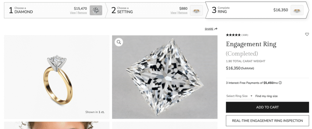 The final page of the James Allen Ring Studio, showing the completed $16,350 engagement ring with a 1.90 total carat weight princess cut diamond on a yellow gold solitaire band, illustrating the total cost of a James Allen custom ring.