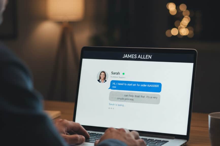 A man using the James Allen live chat feature on a laptop at night, demonstrating the hassle-free returns process with a message from "Sarah, Customer Support," confirming: "Of course! I can help with that. It's a very simple process."